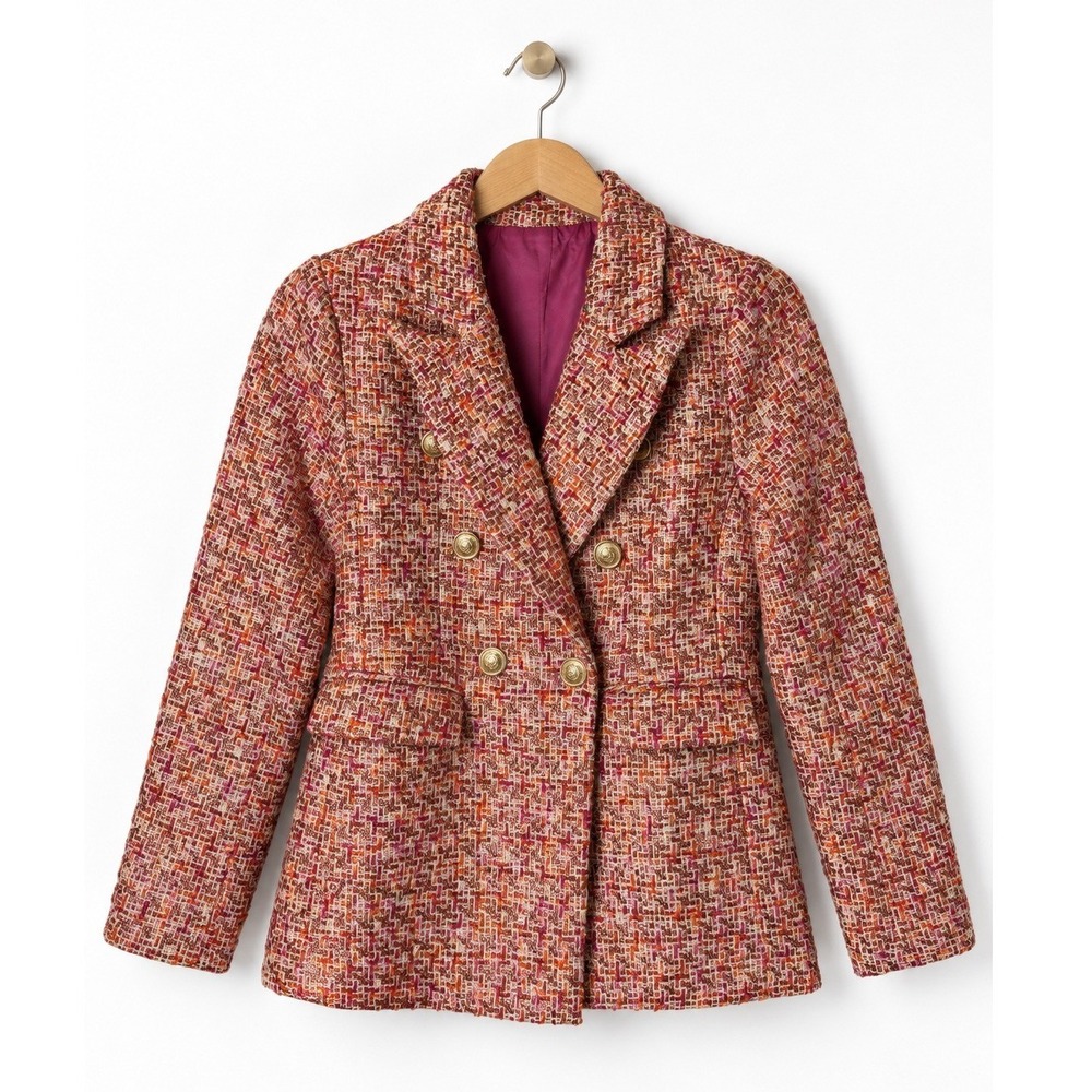 Fate Tweed Blazer Women Small Pink NWT Double Breasted Metallic Gold Button